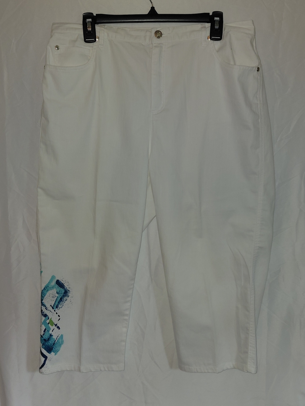 White Cropped Pants with Teal Abstract Detail #2240